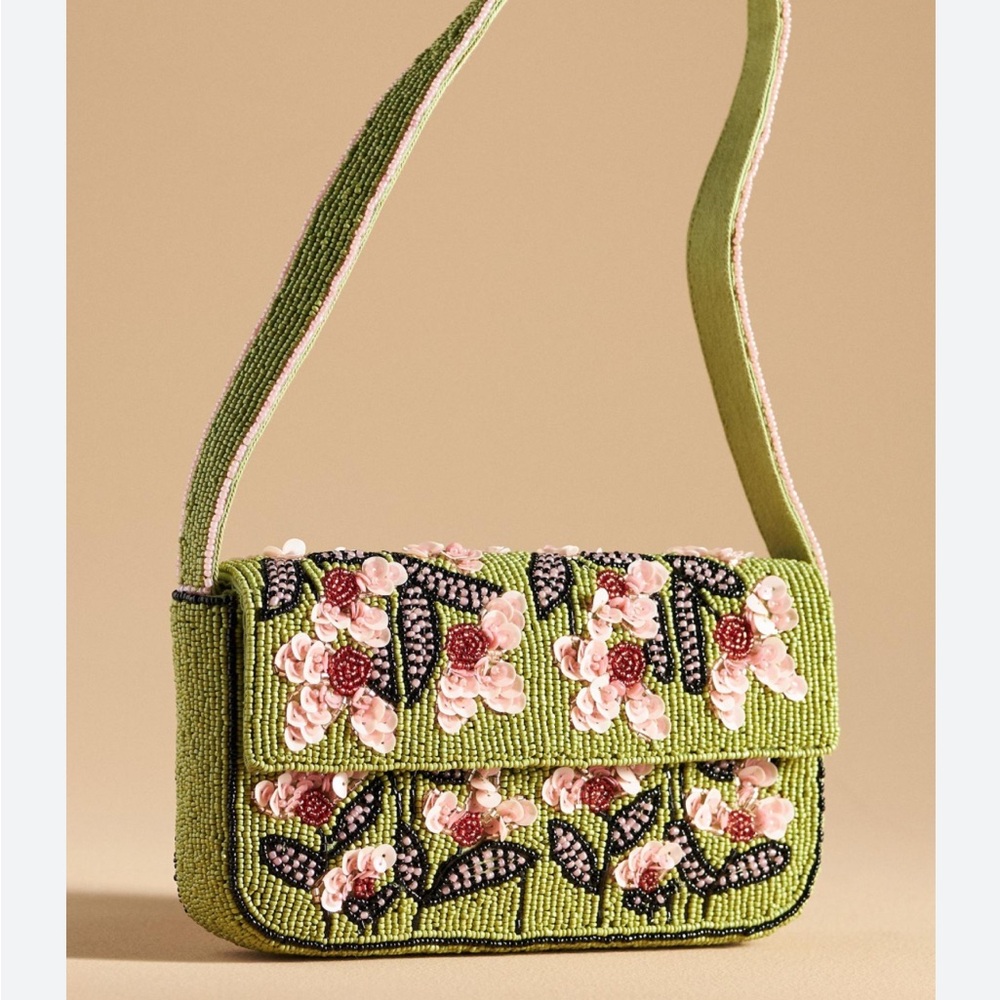 Anthropologie Fiona Green Floral Beaded Shoulder Bag